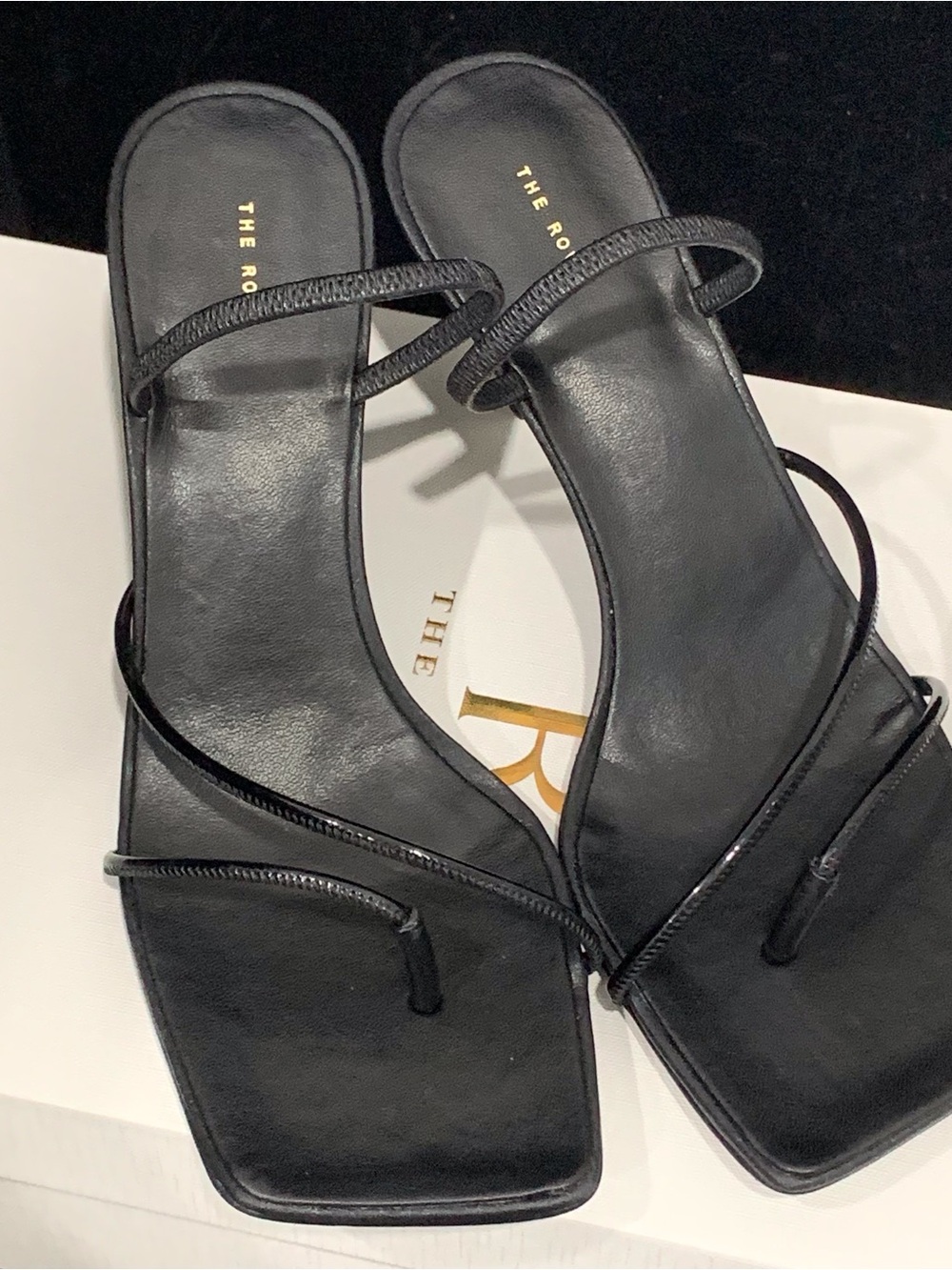 Authentic the row Black Square-Toe Toe-Loop Slide Sandals